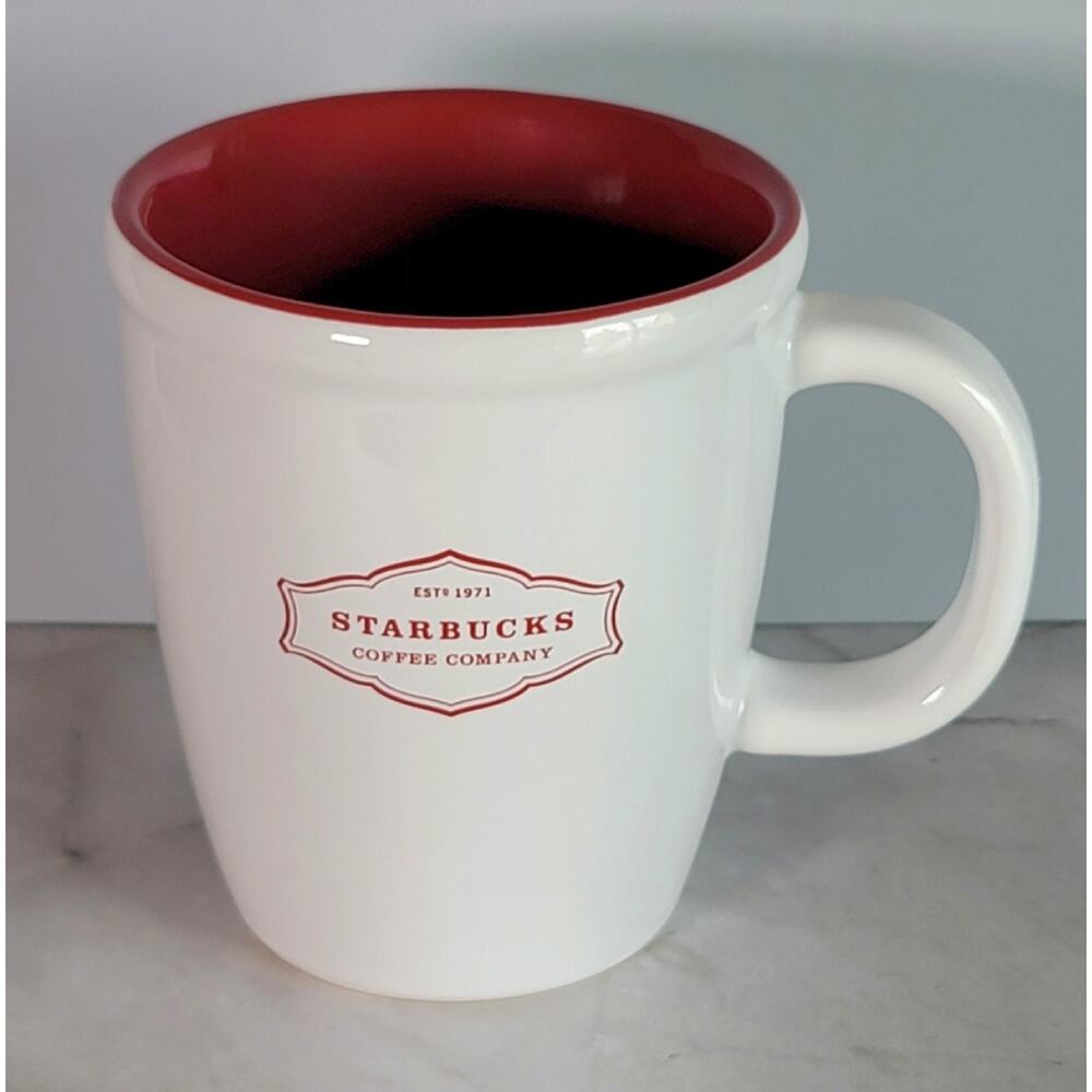 2006 Starbucks Coffee Company Est 1971 Abbey Logo Coffee Mug White & Red 13 oz